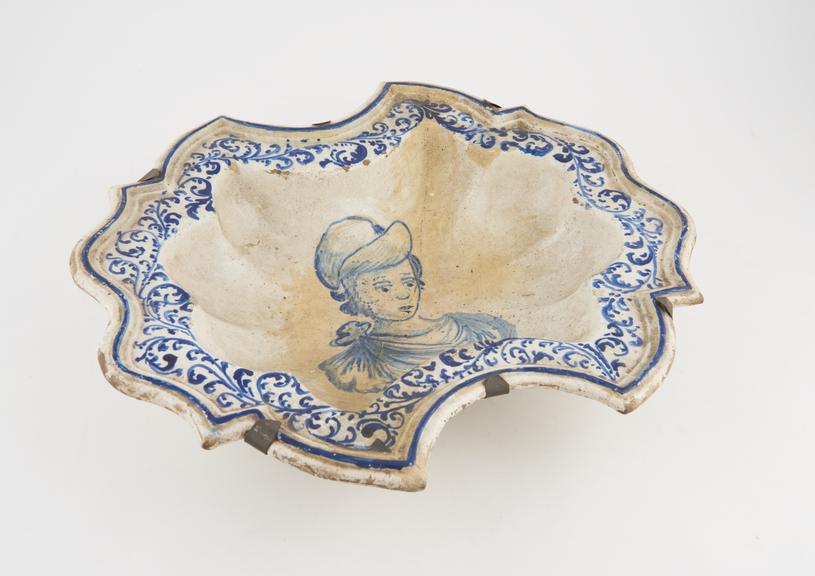 Shaving bowl, blue tin glazed earthenware, Italian, 1601-1750