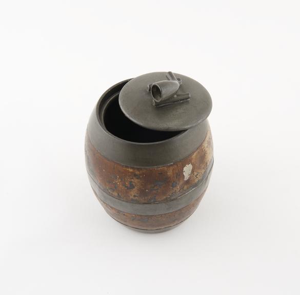 Pewter tobacco jar, in the form of a barrel