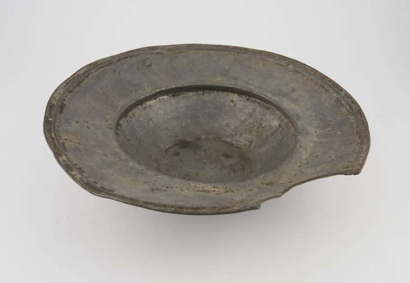 Barber's shaving bowl, pewter, circular, from Arab pharmacy