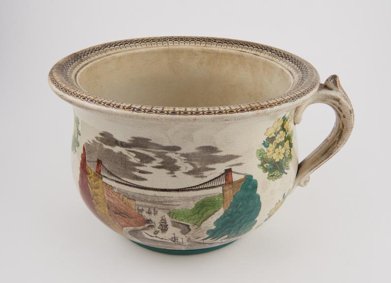 Chamber pot, transfer printed with Clifton bridge, earthenware