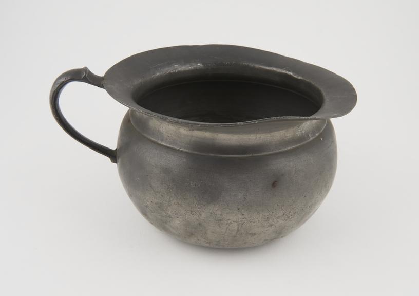 Pewter, chamber pot, loop handle, shallow rimmed base, English