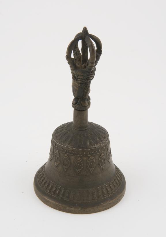 Bronze handbell, decorated with mantras and thunderbolts