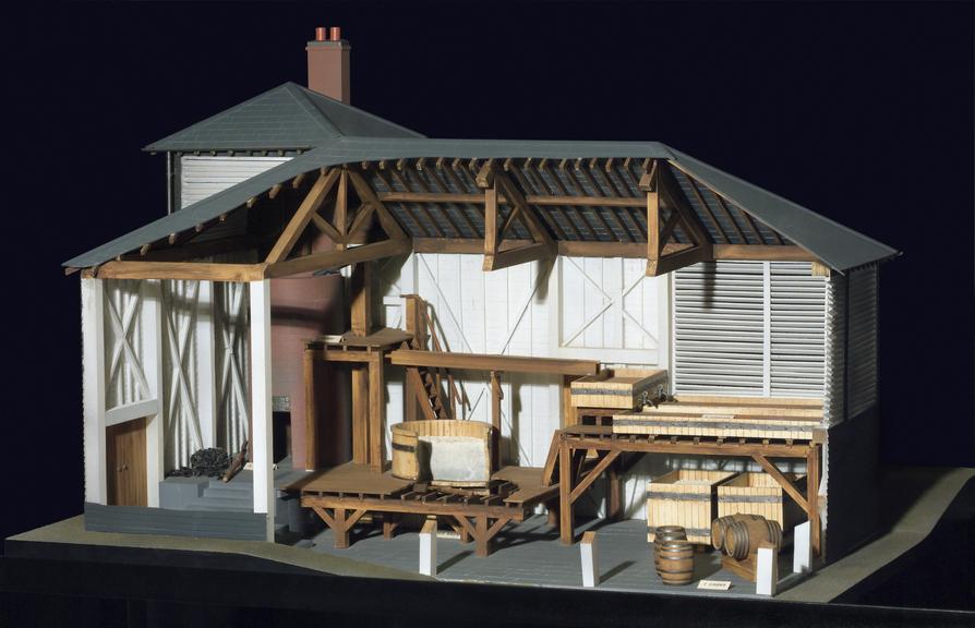 Models of a malthouse and brewhouse, 1750. (models; breweries; malthouses)