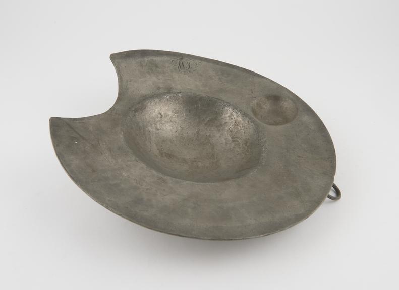 Barber's shaving bowl, pewter, circular, W.D