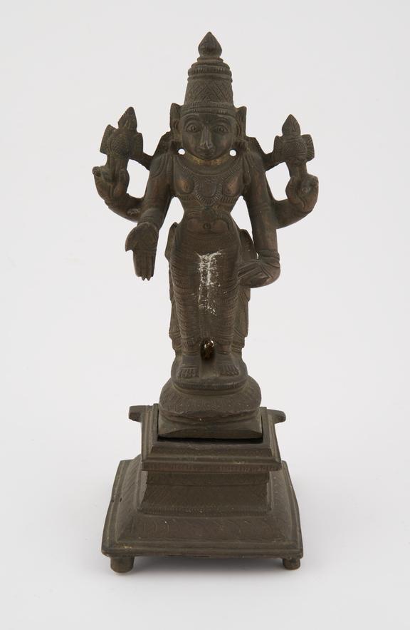 Heavy, brass, statue of Vishnu holding coneh and discus, Indian