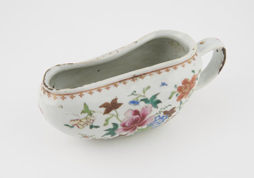 Ceramic bourdalou or boat shaped female urinal with polychrome