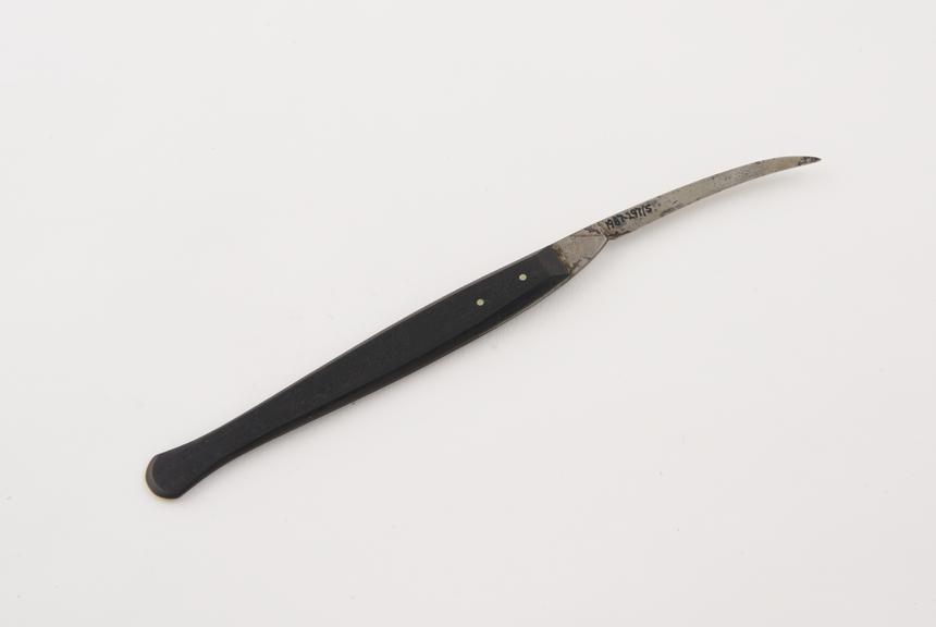 Curved sharp pointed bistoury, steel with ebony handle