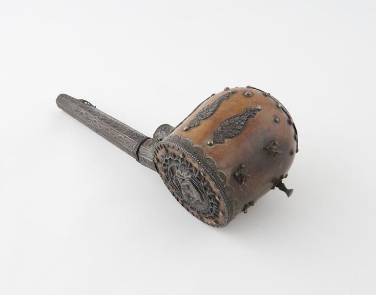 Large Russian-style tobacco pipe with wooden bowl and silver