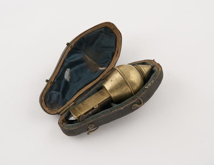 Brass automatic fleam, in fish skin covered case