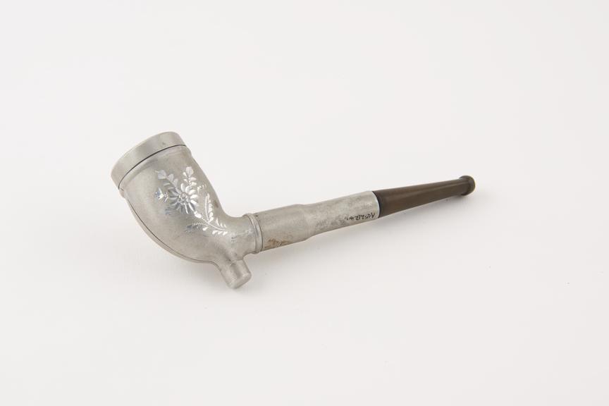 Clay tobacco pipe, bowl encased in aluminium, aluminium stem