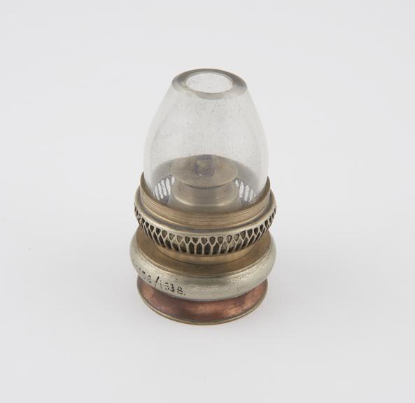 Metal and glass oil lamp, used in opium smoking, Chinese