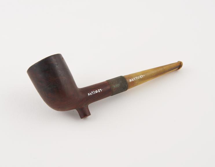 Briar tobacco pipe, complete, bowl badly cracked electro-plated