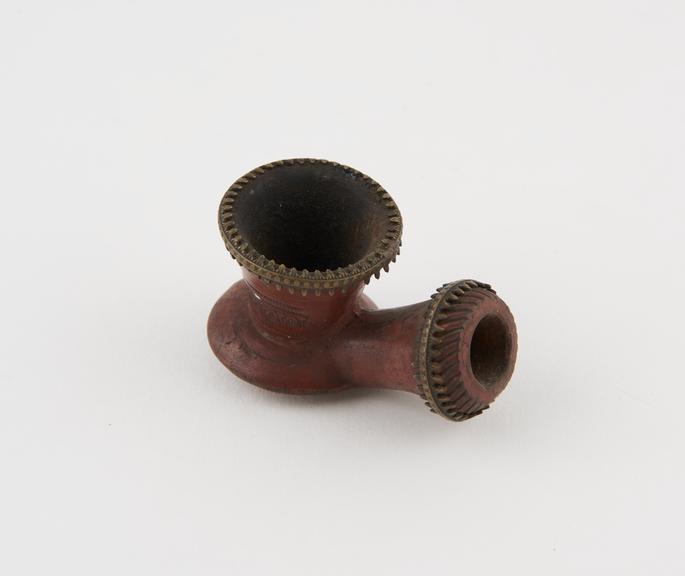 Red pottery tobacco pipe bowl and stem socket, stem missing