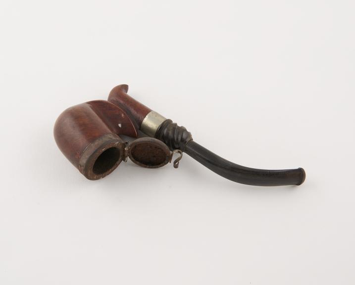 Briar tobacco pipe, S-shaped variety with metal lined rim