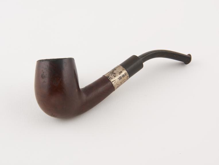 Briar tobacco pipe, S-shaped, silver joint band