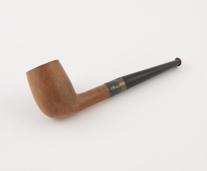 Briar tobacco pipe, silver joint band, vulcanite mouthpiece