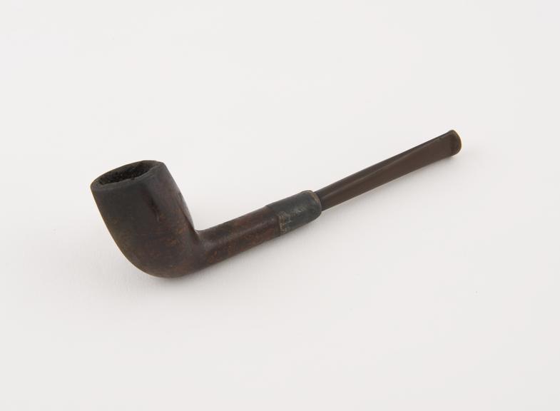 Briar tobacco pipe, silver joint band, plastic mouthpiece