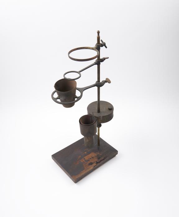 Berzelius spirit lamp on wooden base, with brass rod