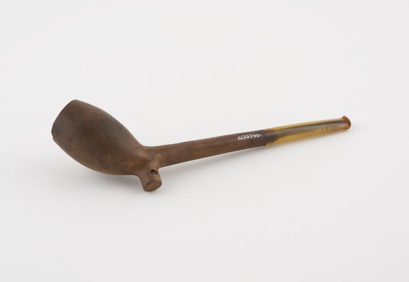 Wooden tobacco pipe, bowl imitative of Dutch trade clay pipe