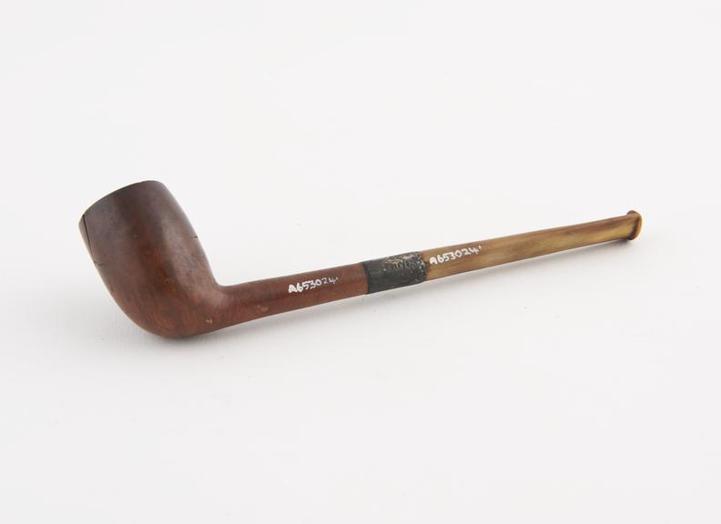 Briar tobacco pipe, complete, silver joint, horn mouthpiece