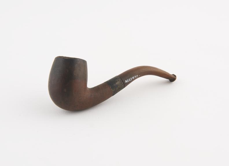 Briar tobacco pipe, silver joint band, curved horn mouthpiece