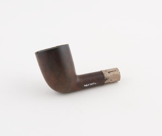 Briar tobacco pipe, mouthpiece missing, silver joint band