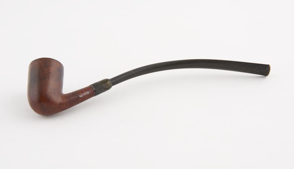 Briar tobacco pipe, silver joint band, long slender curved stem