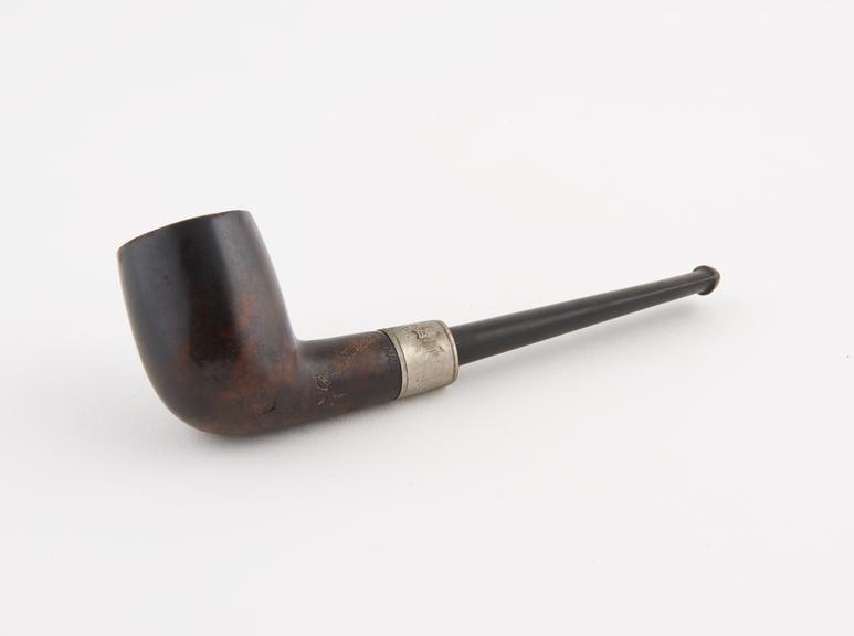 Briar tobacco pipe, silver mounts, vulcanite mouthpiece