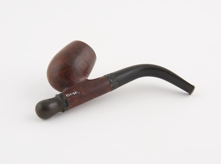 Briar tobacco pipe, alloy joint band, vulcanite mouthpiece