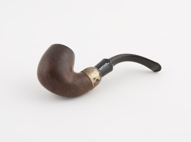 Briar tobacco pipe, curved S' shaped variety, silver joint band