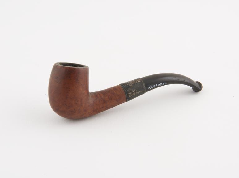 Briar tobacco pipe, S shaped variety, metal joint band