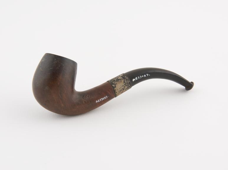 Briar tobacco pipe, S-shaped variety, metal joint band