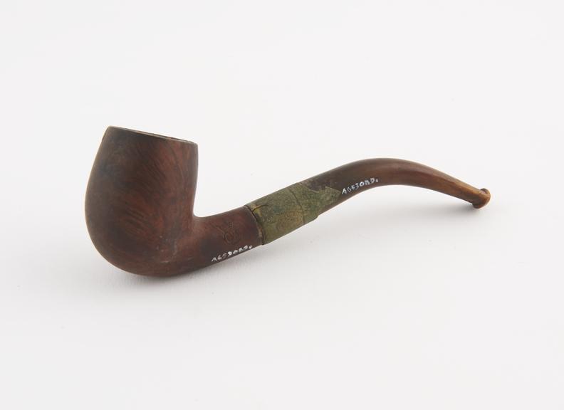 Briar tobacco pipe, brass joint band, curved horn mouthpiece