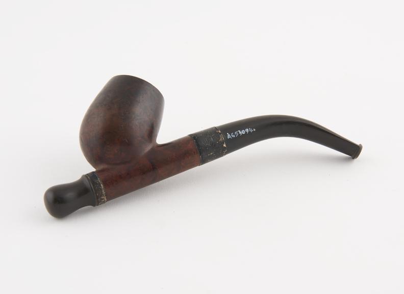 Briar tobacco pipe, silver mounts, curved bakelite mouthpiece