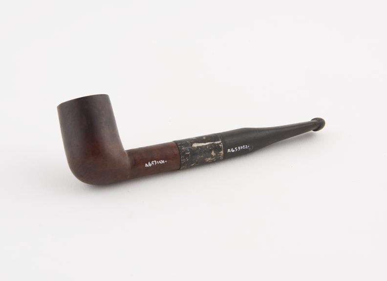 Briar tobacco pipe, silver band, vulcanite mouthpiece