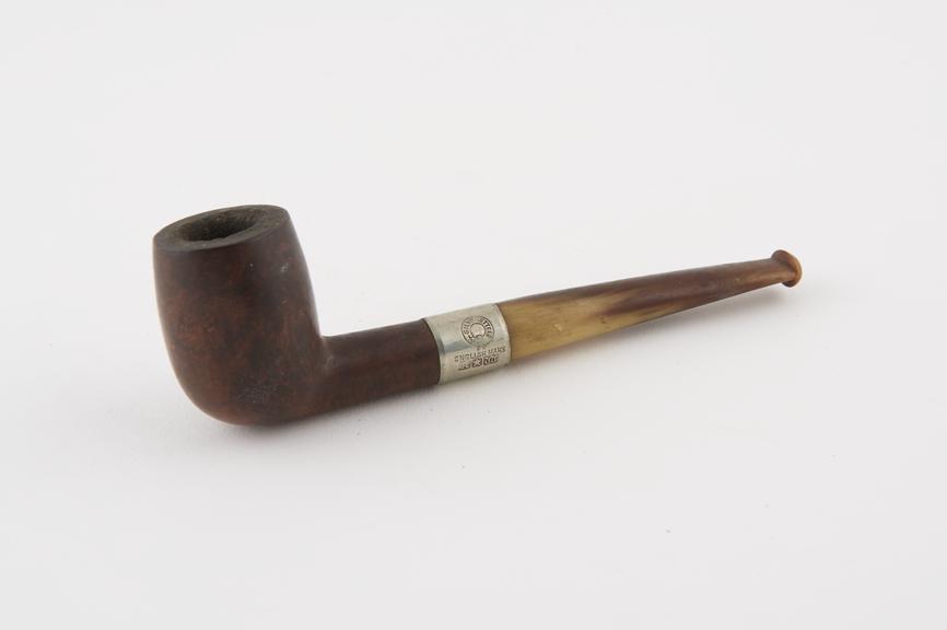 Briar tobacco pipe, silver plated mount, horn mouthpiece