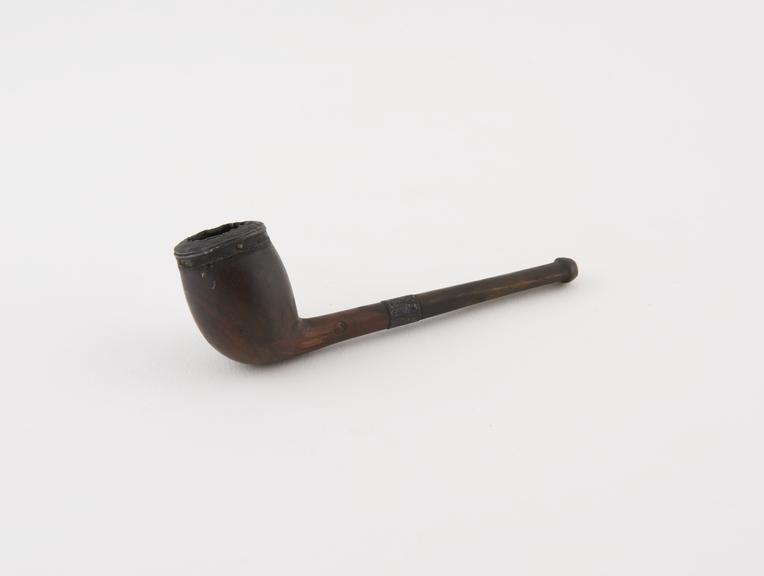 Briar tobacco pipe, silver mounted, horn mouth section