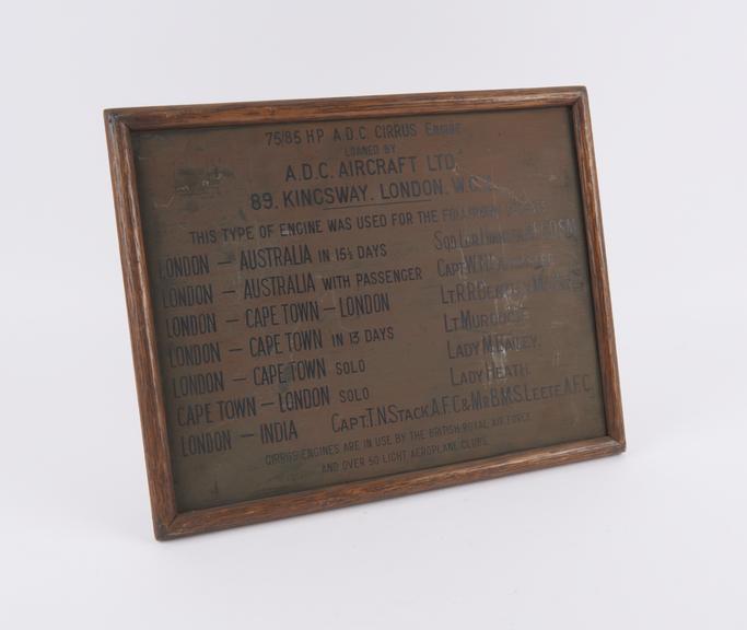 Information plaque for Cirrus aero enginge Mk.II