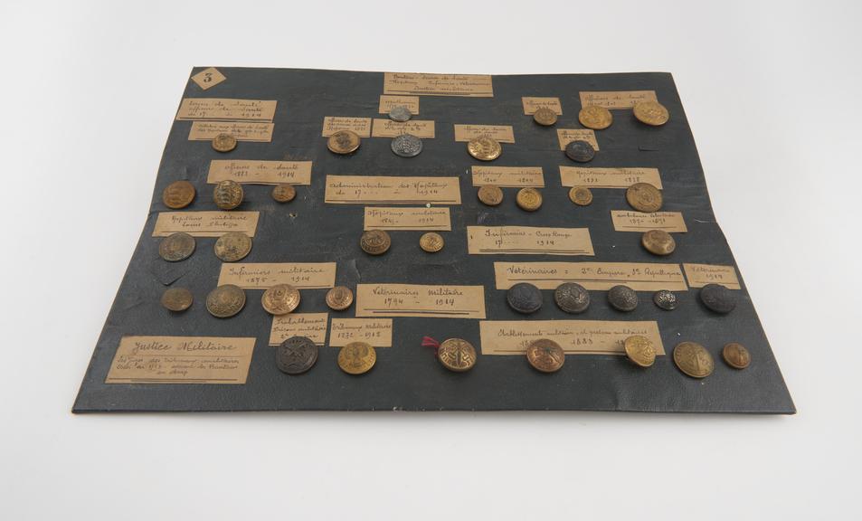 37 military buttons, on cardboard panel labelled