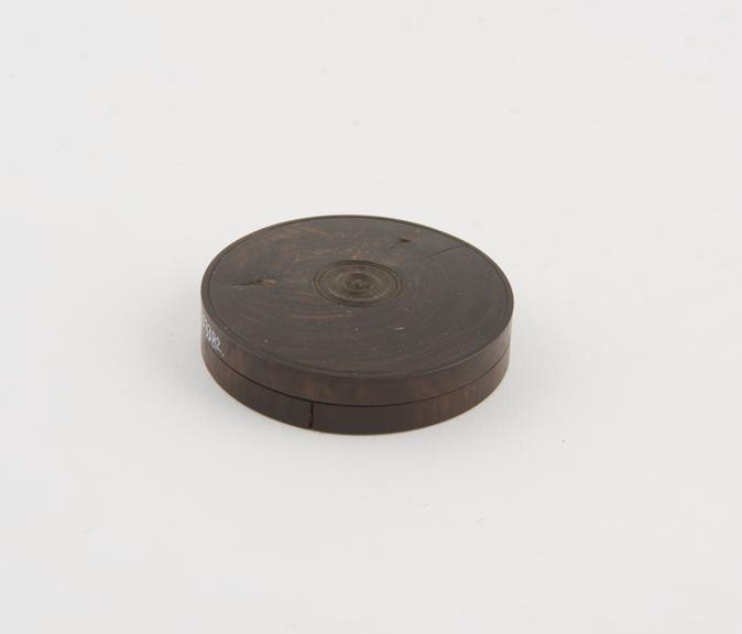 Turned wooden patch box(?), circular, screw-on lid, England