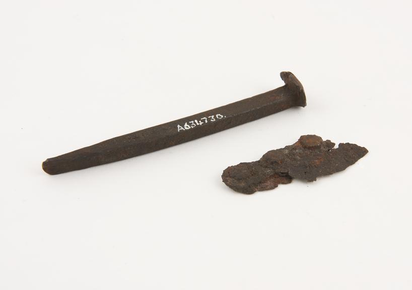 Iron nail and rivets from torture apparatus, European, 1501-1800