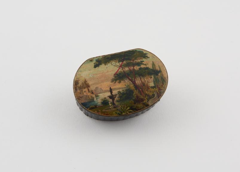 Papier mache snuff box with hinged lid painted with landscape