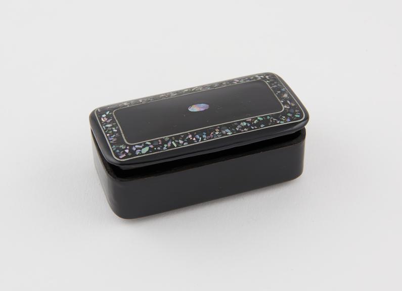 Papier mache snuff box, inlaid with opals, perhaps English