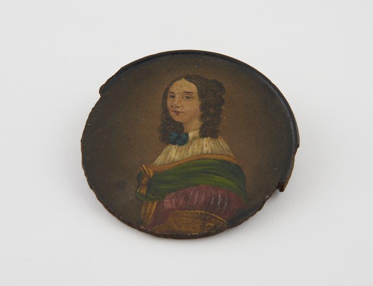 Papier mache snuff box, lid only, circular, part of rim missing