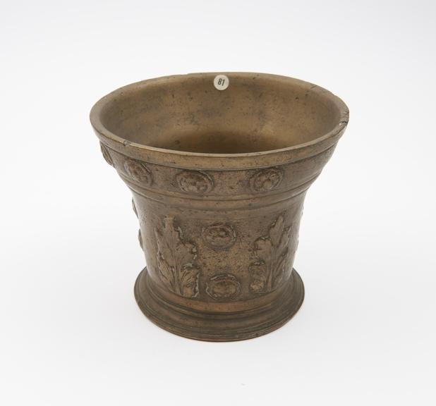 Tall thin bronze mortar, deep everted rim, flat base