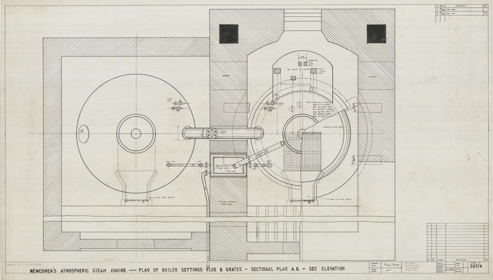 Newcomen's Atmospheric Steam Engine - Plan of Boiler Setting Flue and Grates - Sectional Plan A.B. - See Elevation