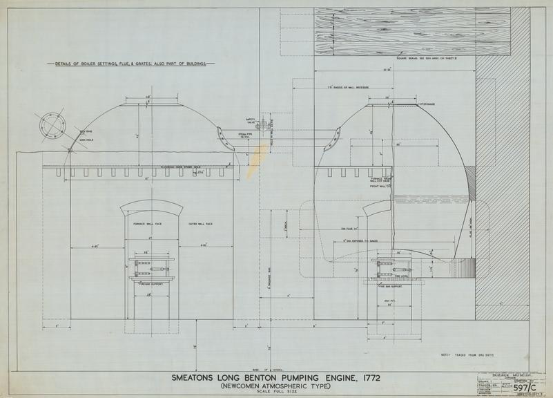 Smeaton's Long Benton Pumping Engine 1772 (Newcomen Atmospheric Type) Details of Boiler Setting, Flue and Grate also part of buildings