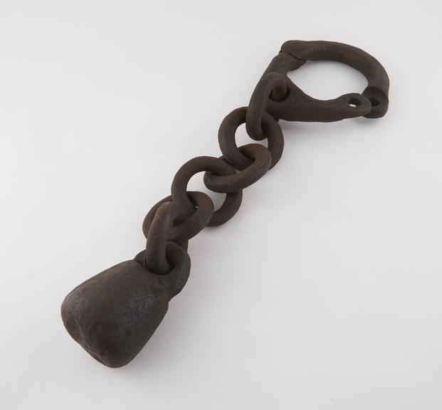 Leg iron with attached ball and chain, reputedly from Mont St