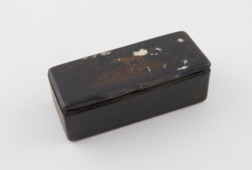 Black rectangular snuff box, papier mache