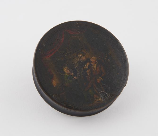 Papier mache snuff box, cylindrical